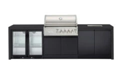 Crossray Premium Black Outdoor Kitchen 4 Burner BBQ, Double Door Fridge & Double Door Cabinet With Sink