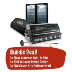 Smart Black 6 Burner Built-In BBQ And Smart 190L Outdoor Drinks Chiller With Heated Glass Door In Black