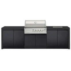 Crossray Premium Black Outdoor Kitchen 4 Burner BBQ, Double Door Side Cabinets & Sink